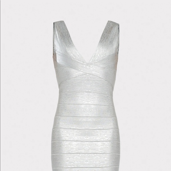 🌸 Herve Leger Metallic Deep V Neck Bandage Dress - Picture 5 of 15